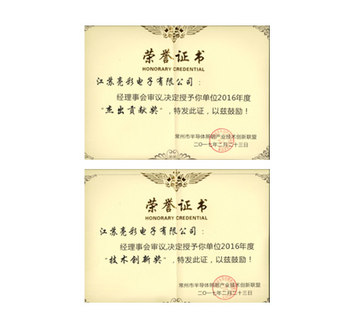 榮獲常州市半導(dǎo)體照明產(chǎn)業(yè)技術(shù) 創(chuàng)新聯(lián)盟頒發(fā)的“杰出貢獻(xiàn)獎(jiǎng)”、 “協(xié)助獎(jiǎng)”以及“年度先進(jìn)個(gè)人獎(jiǎng)”